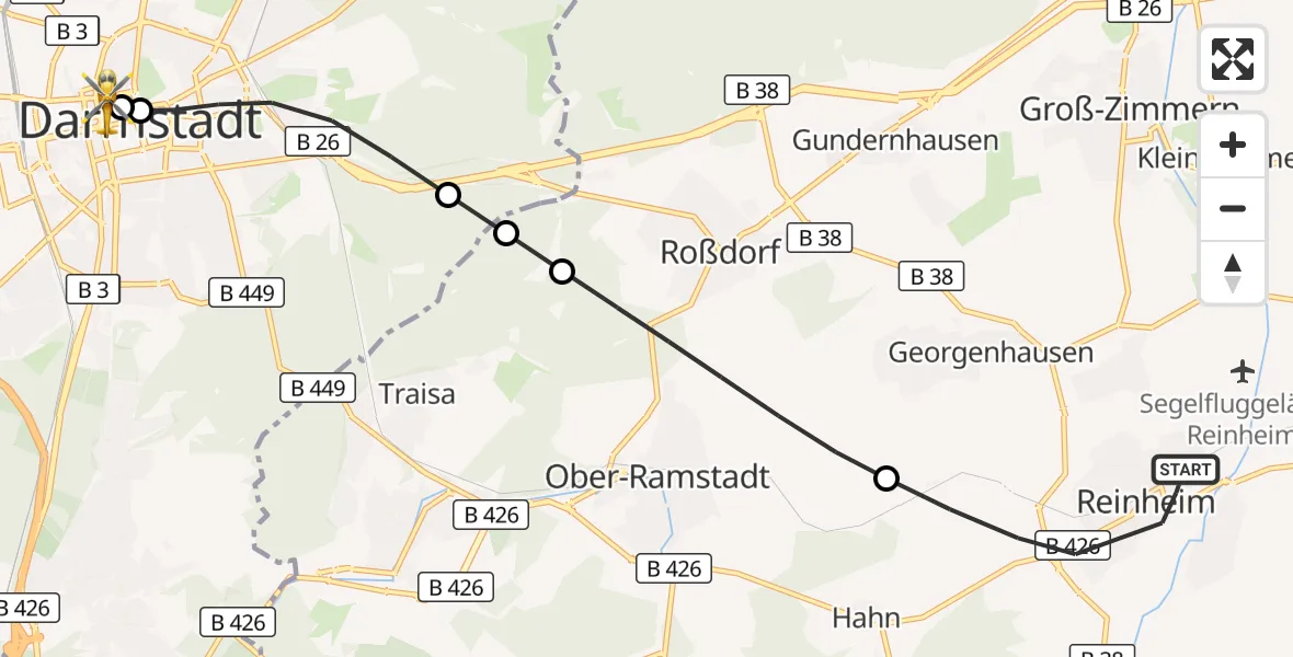 Flugroute Rettungshubschrauber Reinheim - Darmstadt Hospital, 17 September 2026, 11:55
