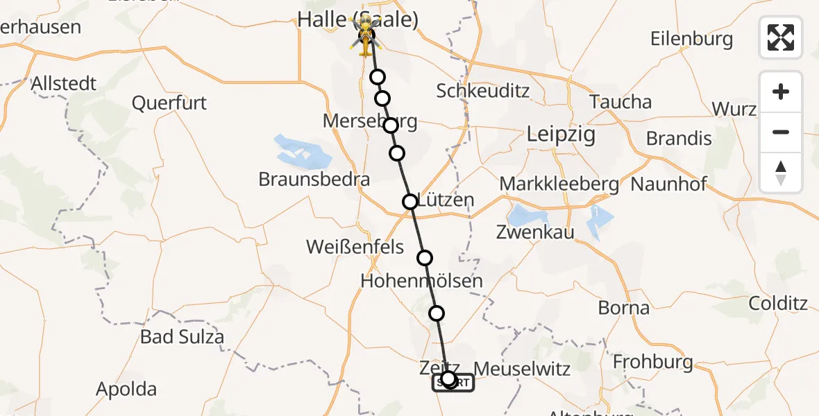 Flugroute Rettungshubschrauber Zeitz Hospital - BG Hospital Bergmannstrost Halle, 17 September 2026, 11:59