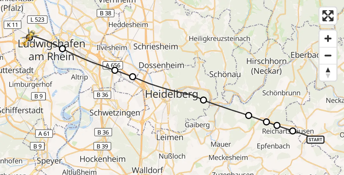 Flugroute Rettungshubschrauber Aglasterhausen - Ludwigshafen Accident Hospital, 17 September 2026, 12:07