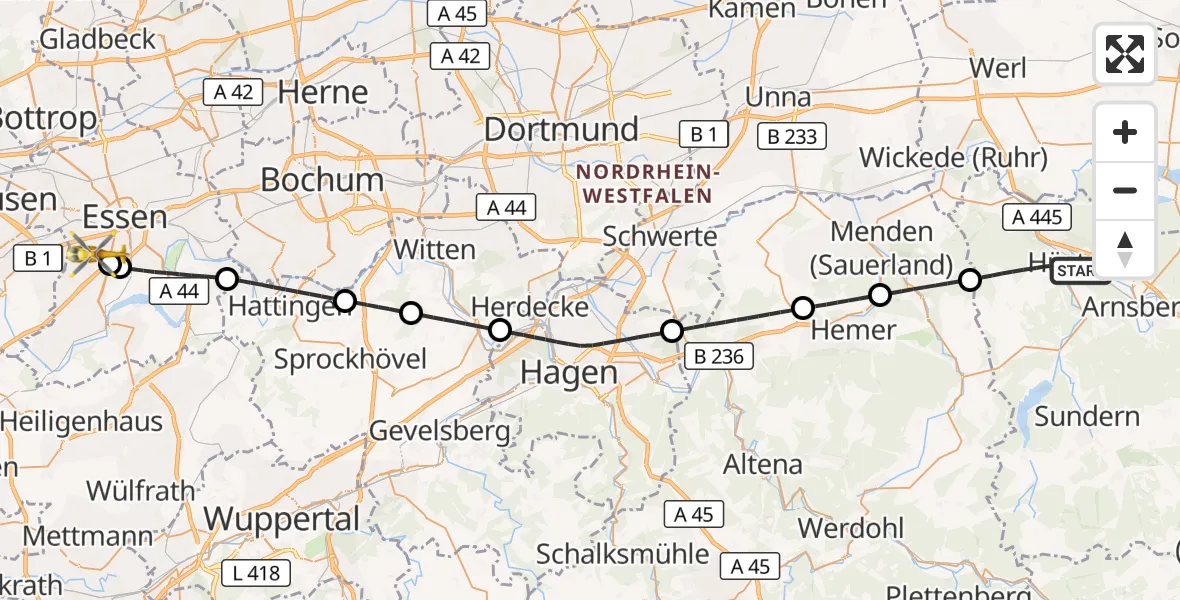Flugroute Ambulanzhubschrauber Arnsberg - Essen, 17 September 2026, 12:12