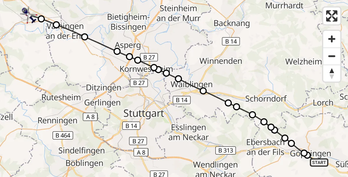 Flugroute Polizeihubschrauber Göppingen - Mühlacker, 17 September 2026, 12:24