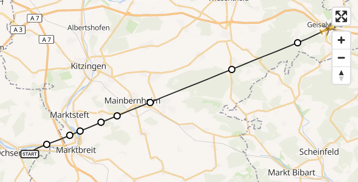 Flugroute Rettungshubschrauber Ochsenfurt - Geiselwind, 17 September 2026, 12:25
