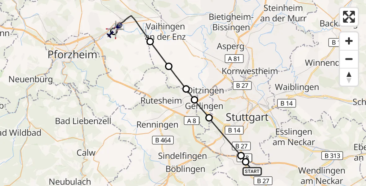 Flugroute Polizeihubschrauber Flughafen Stuttgart - Hangensteiner Hof Flugplatz, 17 September 2026, 12:28