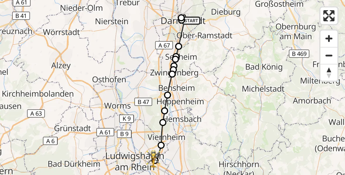 Flugroute Rettungshubschrauber Darmstadt - Mannheim-City Flughafen, 17 September 2026, 12:36