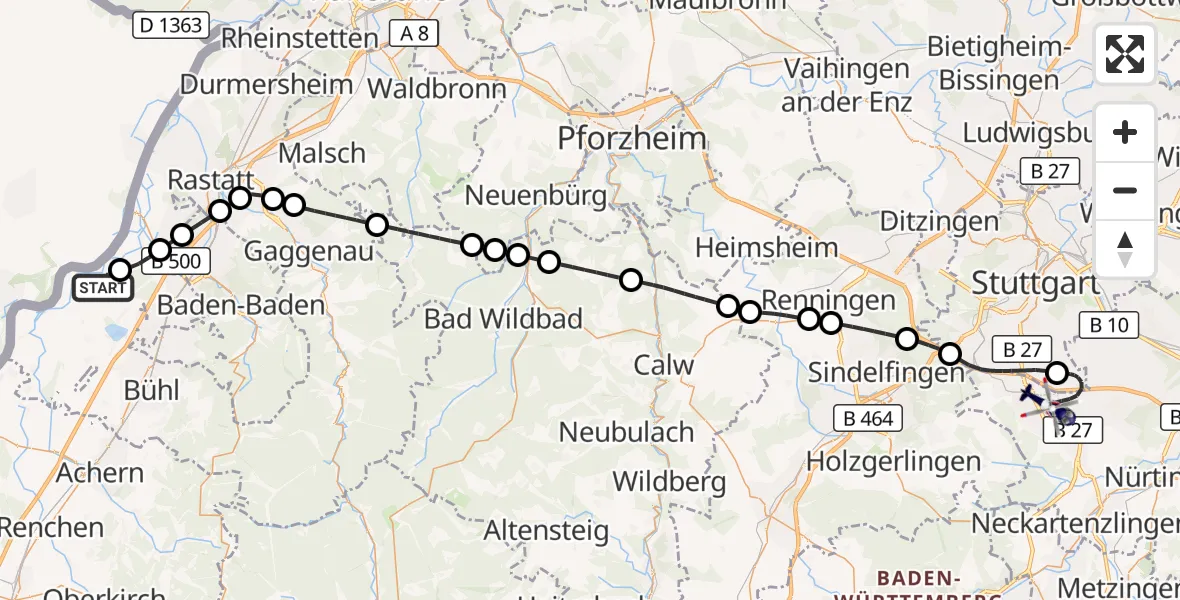 Flugroute Polizeihubschrauber Karlsruhe Baden-Baden Flughafen - Flughafen Stuttgart, 17 September 2026, 12:42