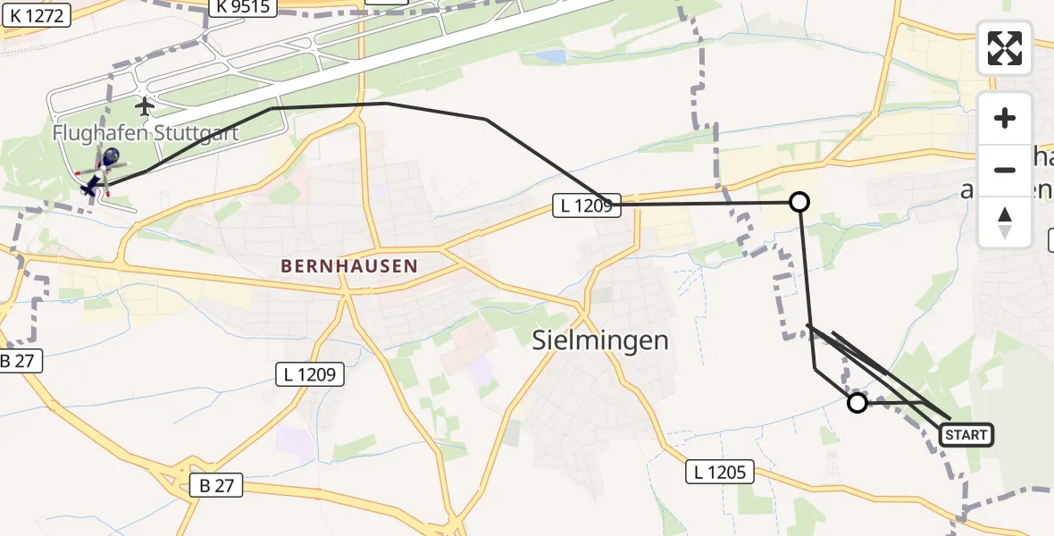 Flugroute Polizeihubschrauber Neuhausen auf den Fildern - Flughafen Stuttgart, 17 September 2026, 12:50