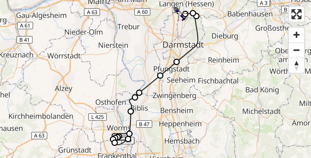 Flugroute Polizeihubschrauber Worms Flugplatz - Flughafen Frankfurt-Egelsbach, 17 September 2026, 12:51