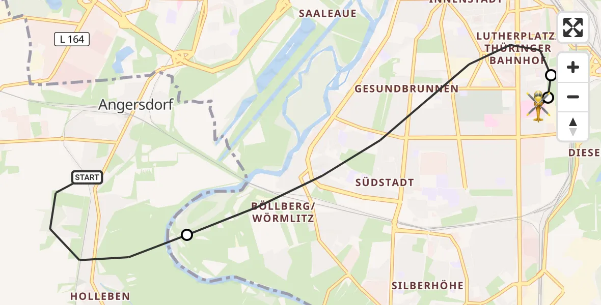 Flugroute Rettungshubschrauber Teutschenthal - BG Hospital Bergmannstrost Halle, 17 September 2026, 12:52