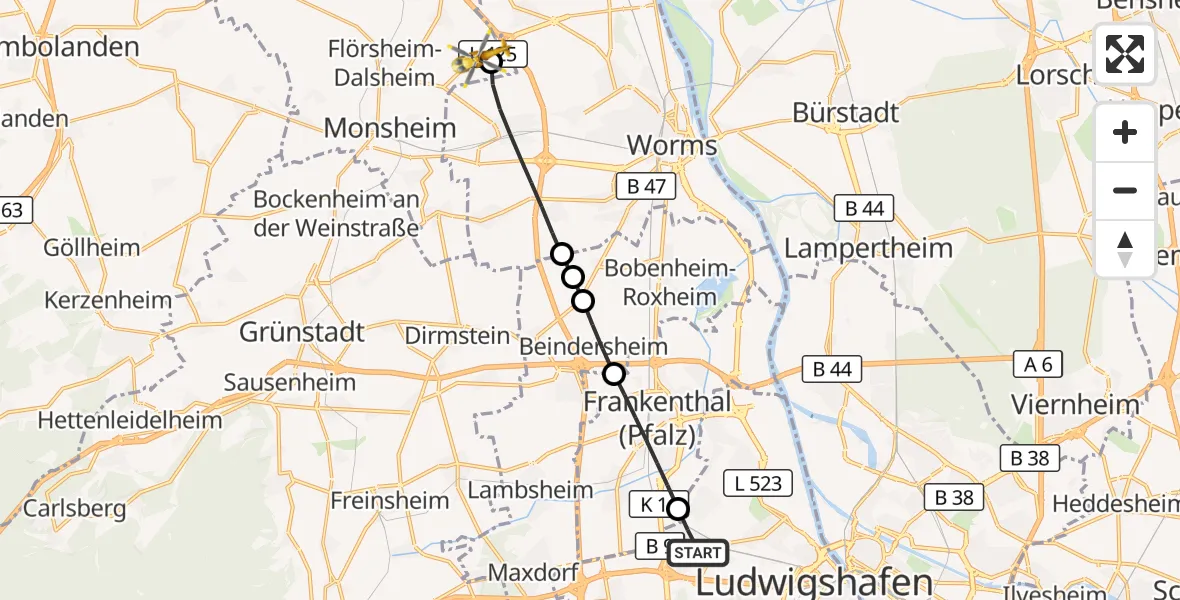 Flugroute Rettungshubschrauber Ludwigshafen am Rhein - Mörstadt, 17 September 2026, 12:55