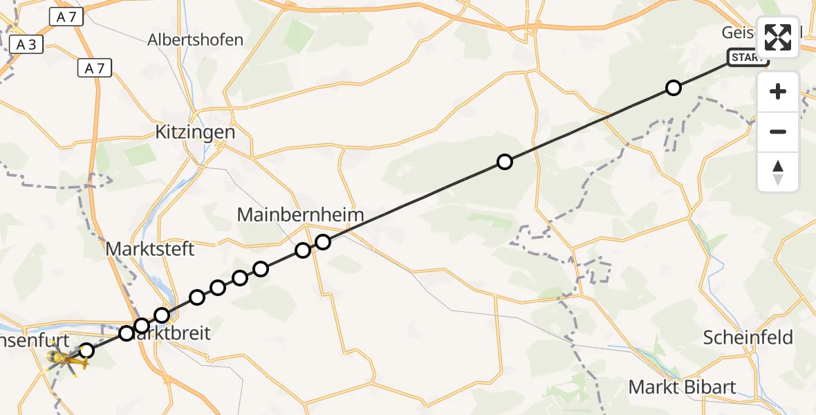 Flugroute Rettungshubschrauber Geiselwind - Ochsenfurt Hospital Hubschrauberlandeplatz, 17 September 2026, 12:56