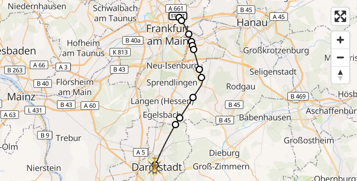Flugroute Rettungshubschrauber Frankfurt am Main Accident Hospital Roof Helipad (CHX2) - Darmstadt Hospital, 17 September 2026, 12:57