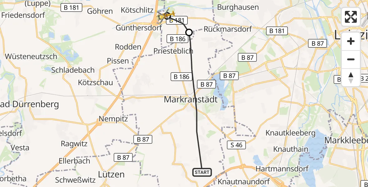 Flugroute Rettungshubschrauber Markranstädt - ADAC Air Rescue Station Leipzig/Schkeuditz-Dölzig Hubschrauberlandeplatz (Christoph 61), 17 September 2026, 12:57