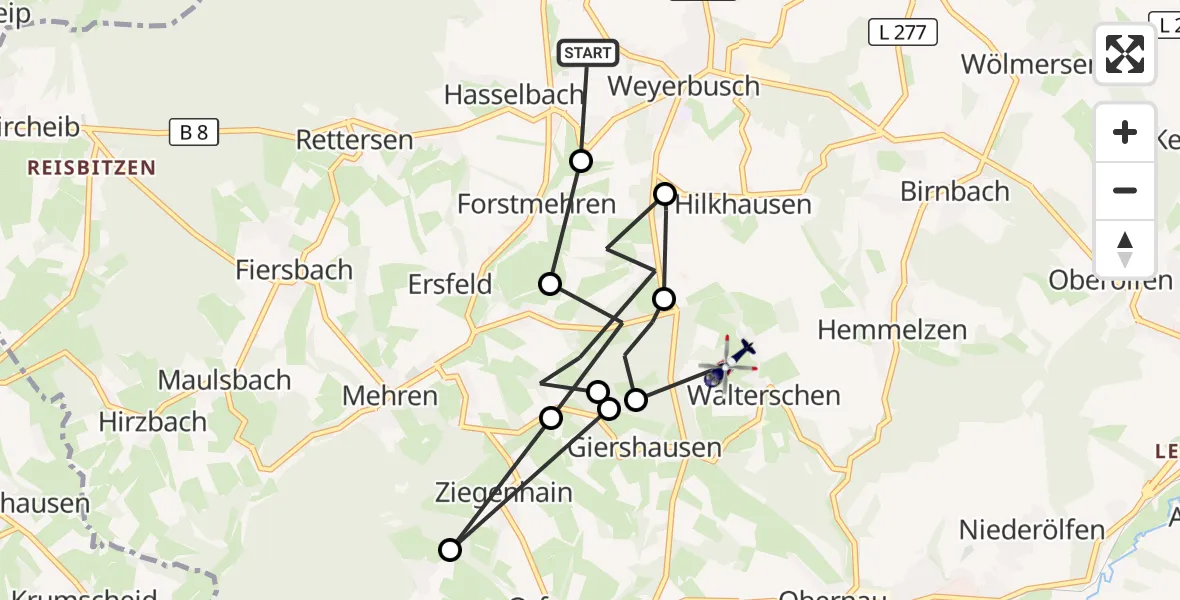 Flugroute Polizeihubschrauber Werkhausen - Walterschen, 17 September 2026, 13:00
