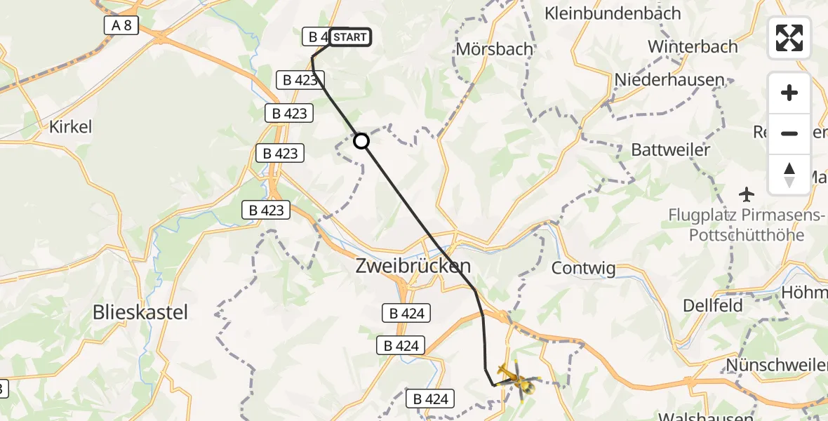 Flugroute Ambulanzhubschrauber Homburg - Zweibrücken, 17 September 2026, 13:09