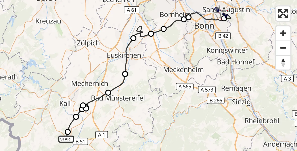 Flugroute Polizeihubschrauber Hellenthal - Bonn-Hangelar Flugplatz, 17 September 2026, 13:10