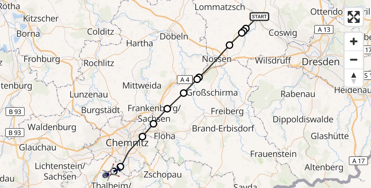 Flugroute Polizeihubschrauber Meißen - Jahnsdorf/Erzgeb., 17 September 2026, 13:10