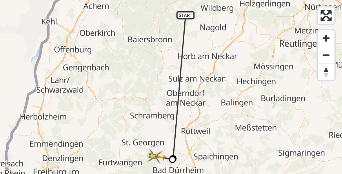 Flugroute Ambulanzhubschrauber Altensteig - Villingen-Schwenningen, 17 September 2026, 13:11