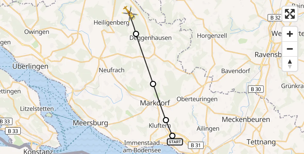 Flugroute Rettungshubschrauber Friedrichshafen Hospital - Heiligenberg, 17 September 2026, 13:20