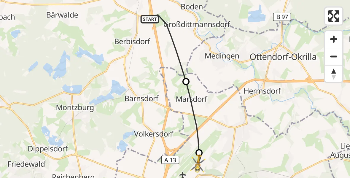 Flugroute Rettungshubschrauber Radeburg - Dresden Bundespolizei Hubschrauberlandeplatz, 17 September 2026, 13:20