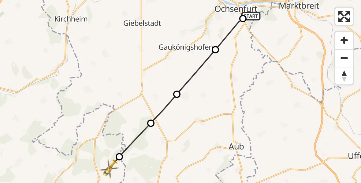 Flugroute Rettungshubschrauber Ochsenfurt Hospital - Weikersheim, 17 September 2026, 13:25