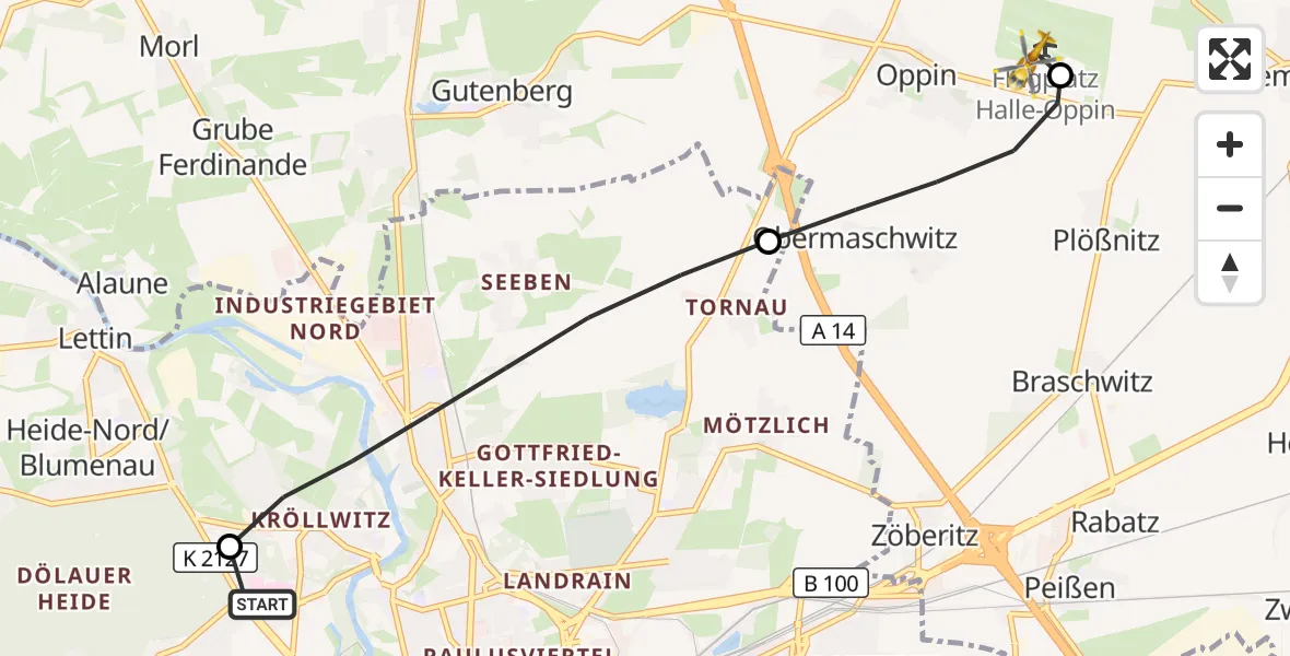 Flugroute Rettungshubschrauber Halle (Saale) University Hospital - Halle-Oppin Flugplatz, 17 September 2026, 13:26