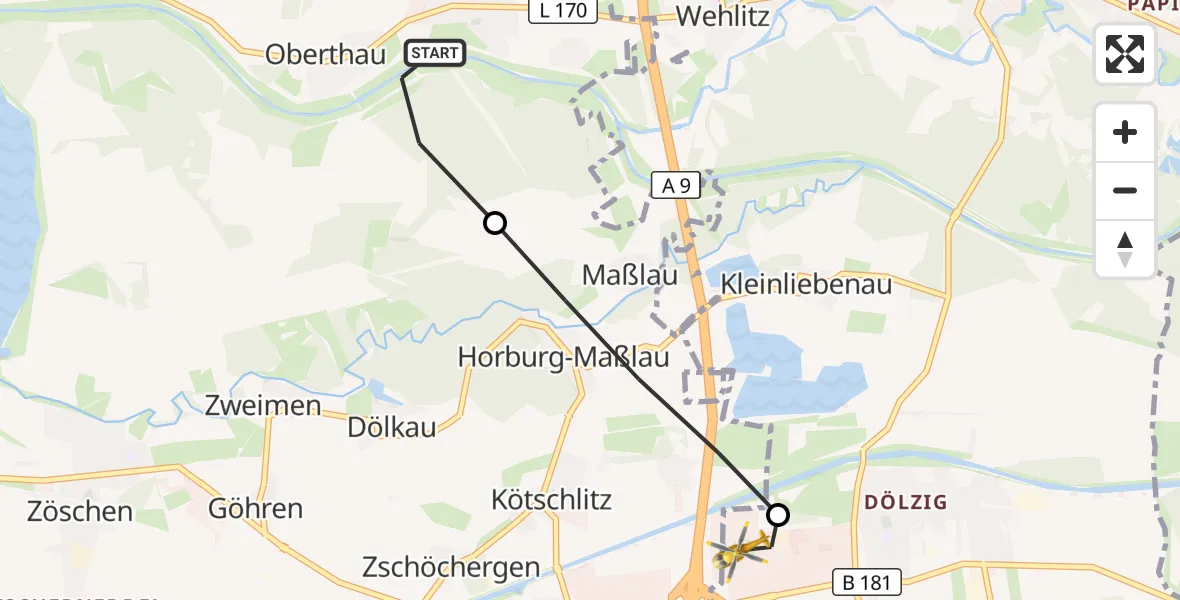 Flugroute Rettungshubschrauber Schkopau - ADAC Air Rescue Station Leipzig/Schkeuditz-Dölzig Hubschrauberlandeplatz (Christoph 61), 17 September 2026, 13:33