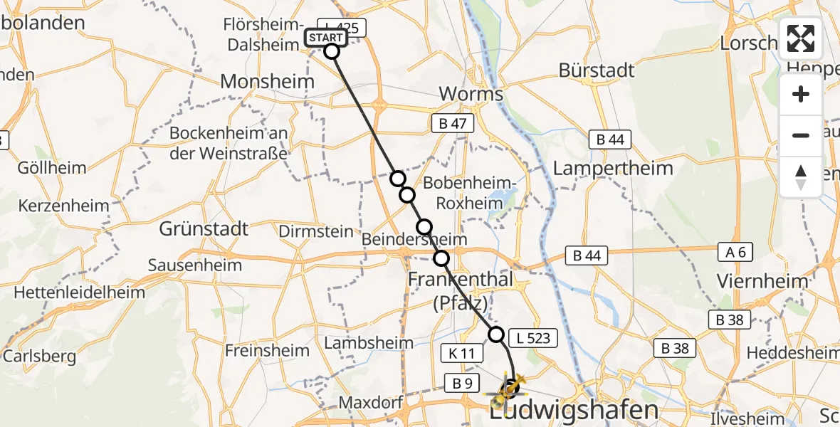 Flugroute Rettungshubschrauber Mörstadt - Ludwigshafen Accident Hospital, 17 September 2026, 13:37