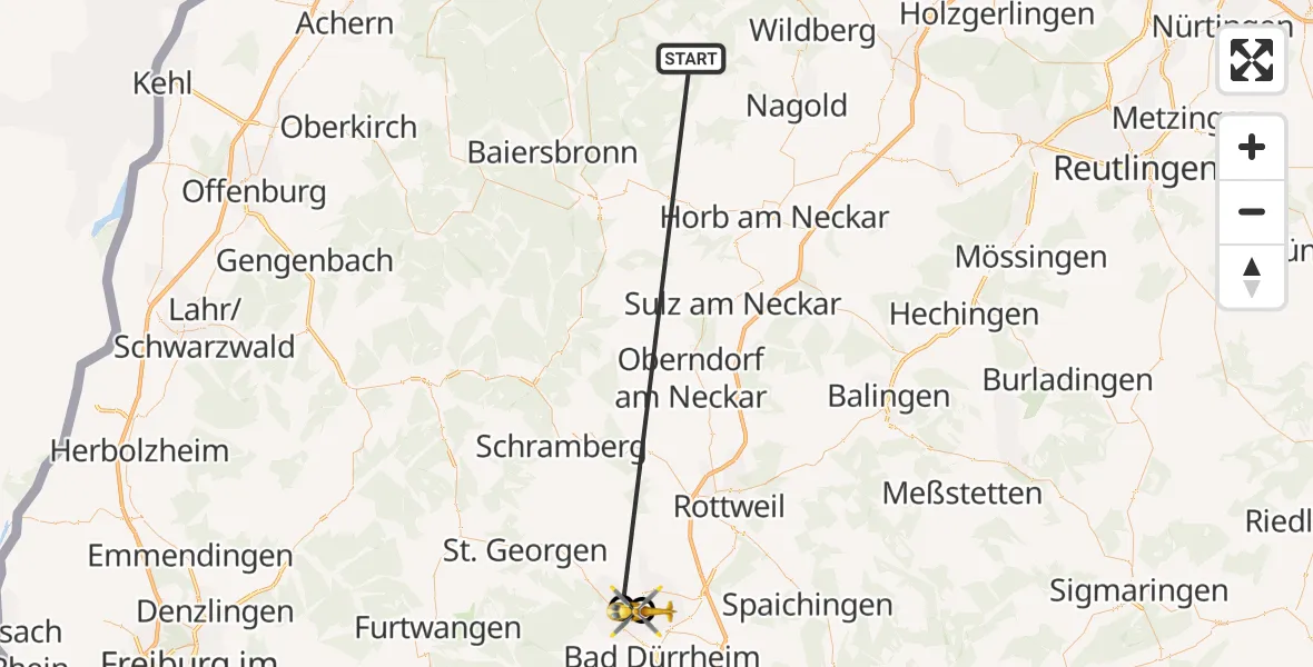 Flugroute Ambulanzhubschrauber Altensteig - DRF Air Rescue Station Villingen-Schwenningen Hubschrauberlandeplatz (Christoph 11), 17 September 2026, 13:44