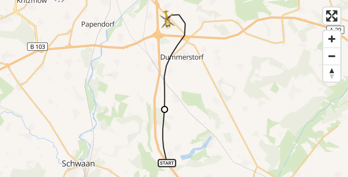 Flugroute Ambulanzhubschrauber Dolgen am See - Dummerstorf, 17 September 2026, 13:55