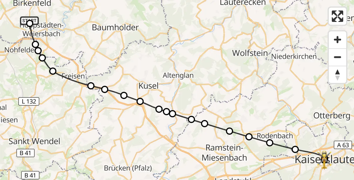 Flugroute Rettungshubschrauber Birkenfeld - Westpfalz Hospital Kaiserslautern, 17 September 2026, 13:55