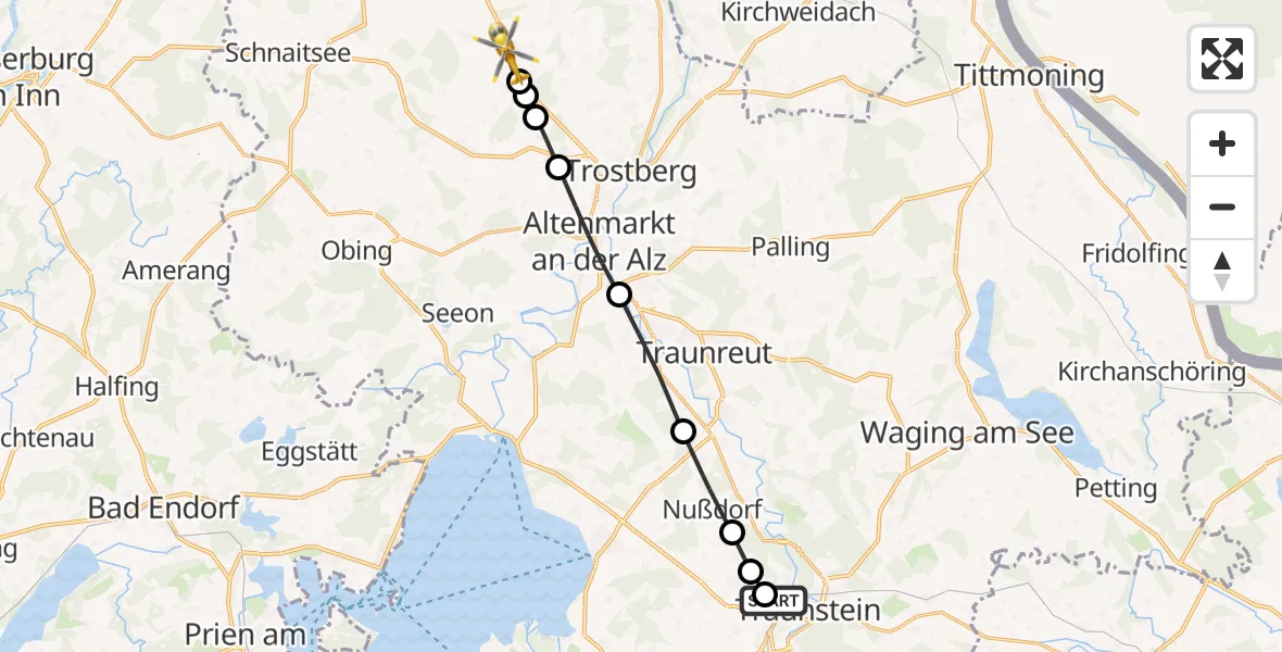 Flugroute Rettungshubschrauber Traunstein Hospital - Tacherting, 17 September 2026, 14:04