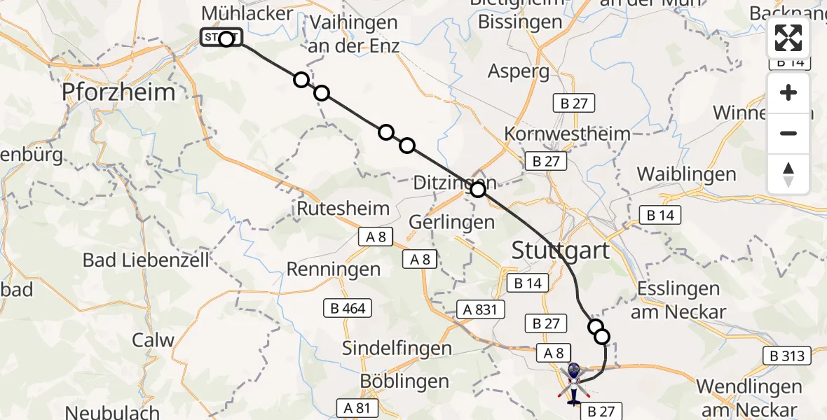 Flugroute Polizeihubschrauber Hangensteiner Hof Flugplatz - Flughafen Stuttgart, 17 September 2026, 14:15
