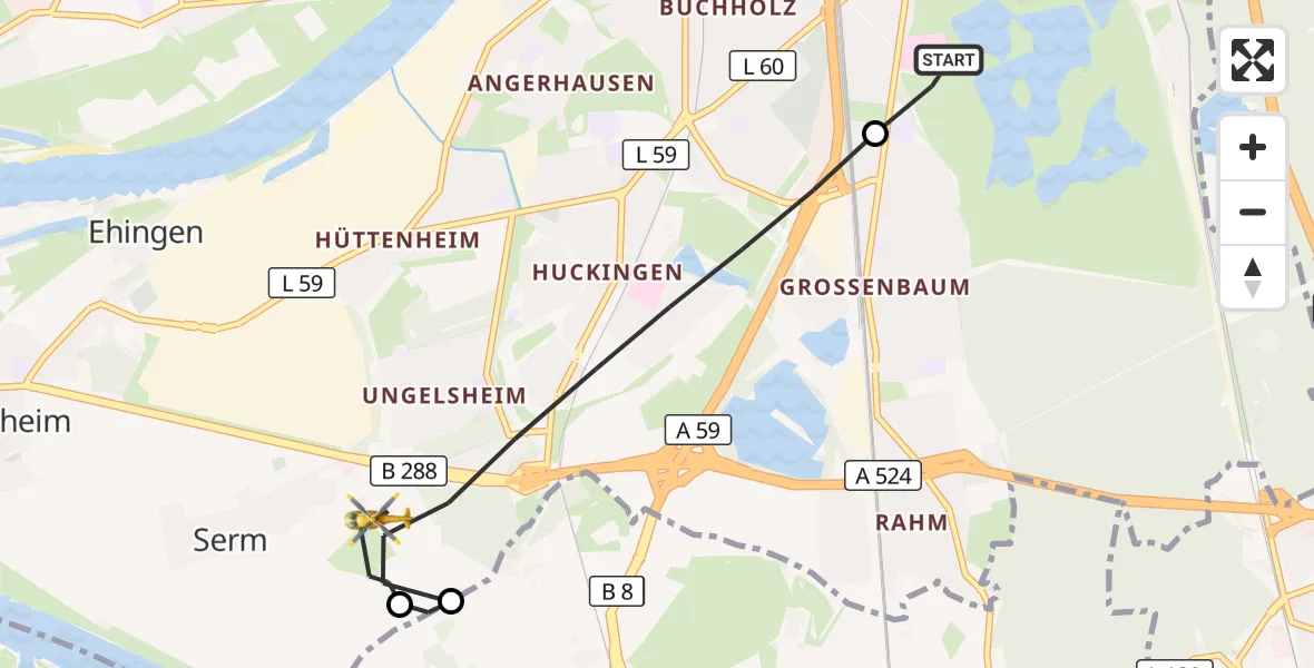 Flugroute Rettungshubschrauber Duisburg Air Rescue Hubschrauberlandeplatz (Christoph 9) - Duisburg, 17 September 2026, 14:28
