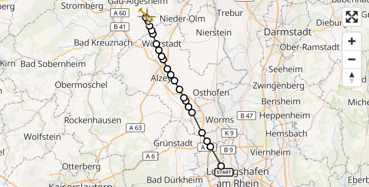 Flugroute Rettungshubschrauber Ludwigshafen am Rhein - Nieder-Hilbersheim, 17 September 2026, 14:30