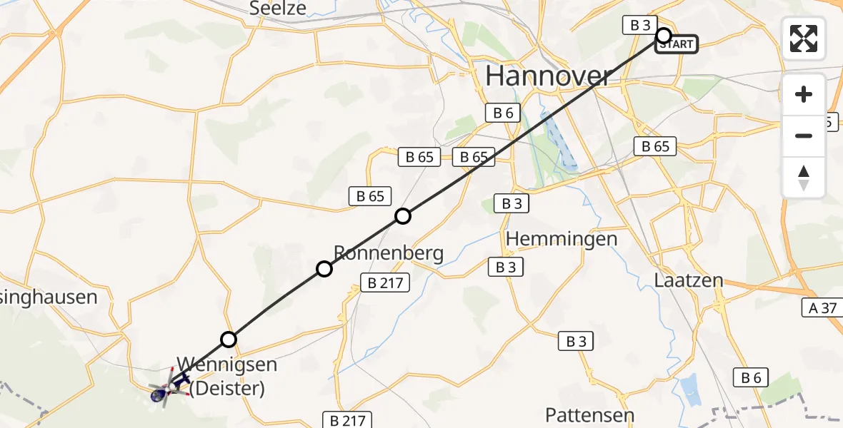 Flugroute Polizeihubschrauber Hannover Luftrettung Hubschrauberlandeplatz (Christoph 4) - Wennigsen (Deister), 17 September 2026, 14:38