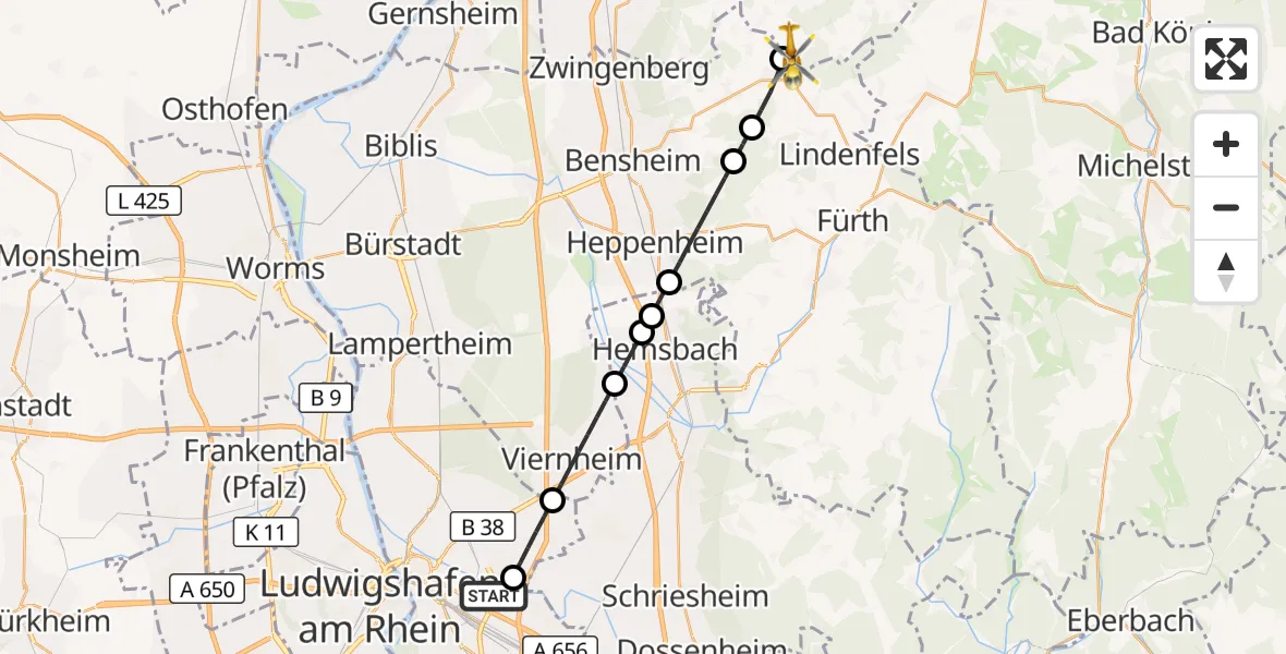 Flugroute Rettungshubschrauber Mannheim-City Flughafen - Modautal, 17 September 2026, 14:42
