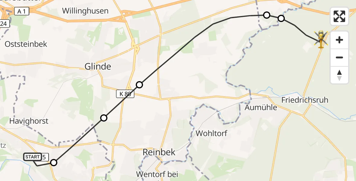 Flugroute Rettungshubschrauber Christoph Hansa ADAC Hubschrauberlandeplatz - Sachsenwald (Forstgutsbez.), 17 September 2026, 14:47