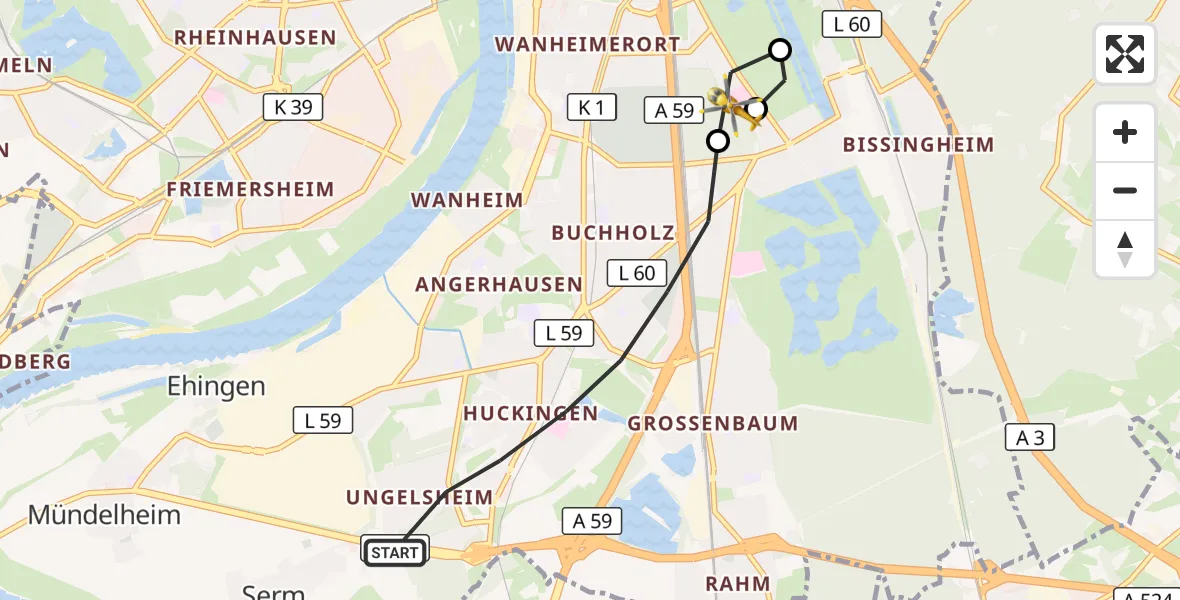 Flugroute Rettungshubschrauber Duisburg - Sana Clinic Duisburg Hubschrauberlandeplatz, 17 September 2026, 14:54