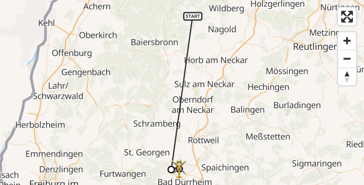 Flugroute Ambulanzhubschrauber Altensteig - DRF Air Rescue Station Villingen-Schwenningen Hubschrauberlandeplatz (Christoph 11), 17 September 2026, 14:59