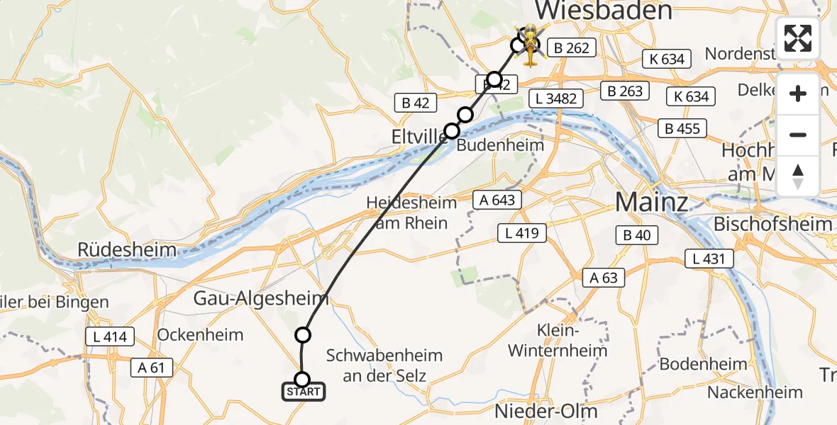 Flugroute Rettungshubschrauber Nieder-Hilbersheim - Helios Horst Schmidt Klinik (HSK) Hubschrauberlandeplatz, 17 September 2026, 15:11