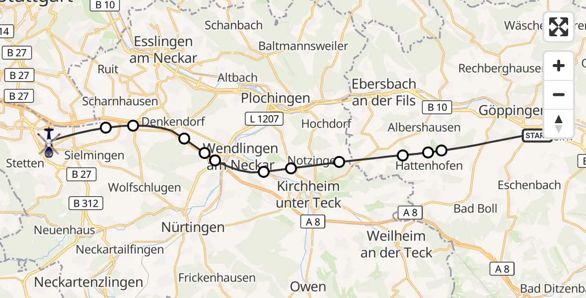 Flugroute Polizeihubschrauber Göppingen - Flughafen Stuttgart, 17 September 2026, 16:04