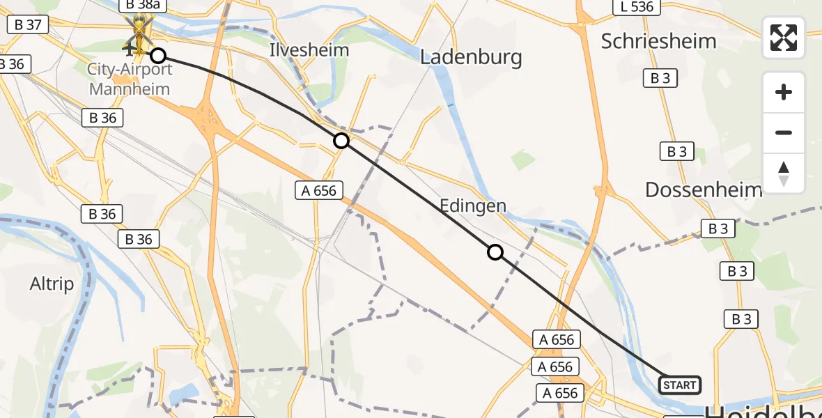 Flugroute Rettungshubschrauber Heidelberg - Mannheim-City Flughafen, 17 September 2026, 16:07