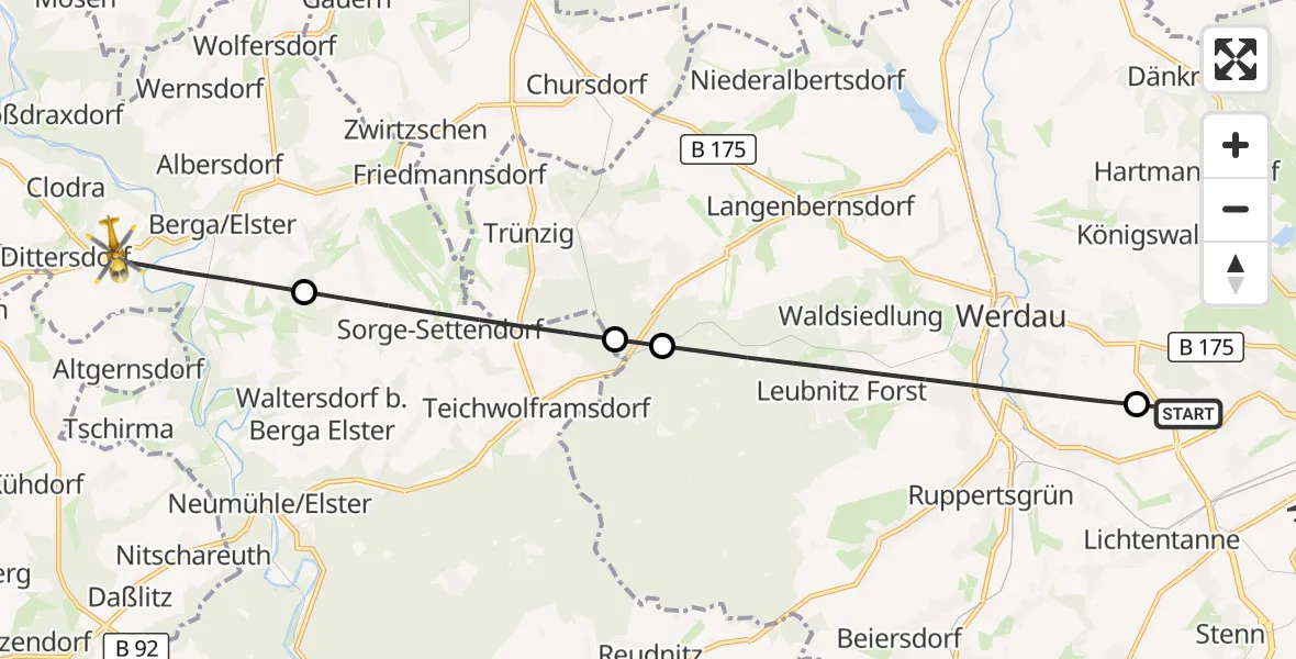Flugroute Rettungshubschrauber ADAC Air Rescue Station Zwickau Hubschrauberlandeplatz - Berga-Wünschendorf, 17 September 2026, 16:16