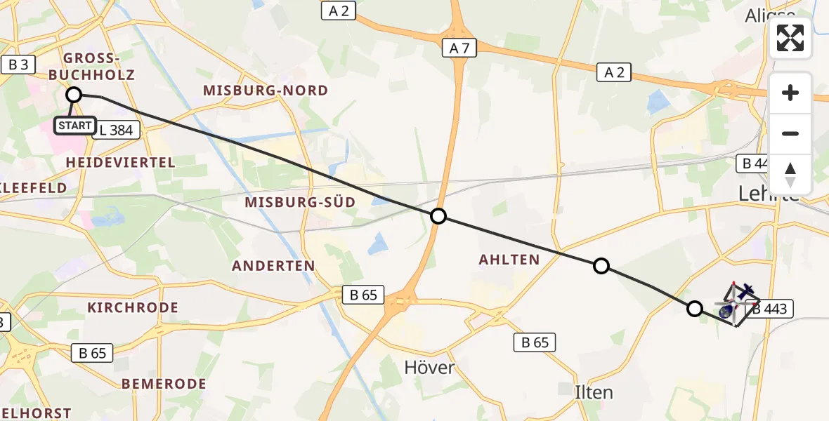Flugroute Polizeihubschrauber Hannover Luftrettung Hubschrauberlandeplatz (Christoph 4) - Lehrte, 17 September 2026, 16:25