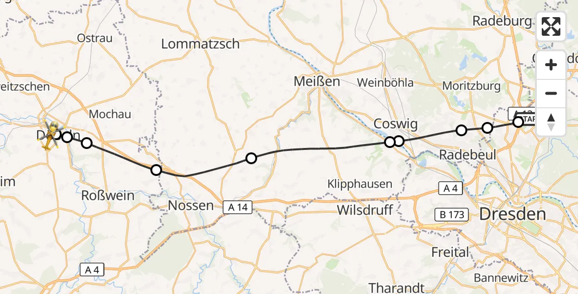 Flugroute Rettungshubschrauber Dresden Flughafen - Döbeln, 17 September 2026, 16:49