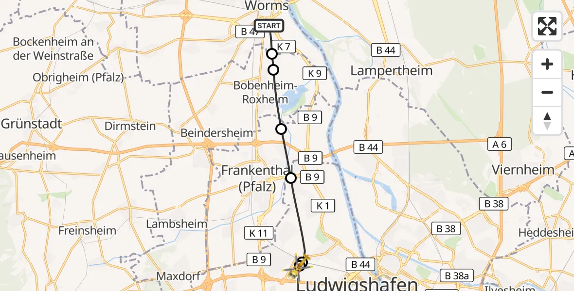 Flugroute Rettungshubschrauber Worms - Ludwigshafen Accident Hospital, 17 September 2026, 16:52