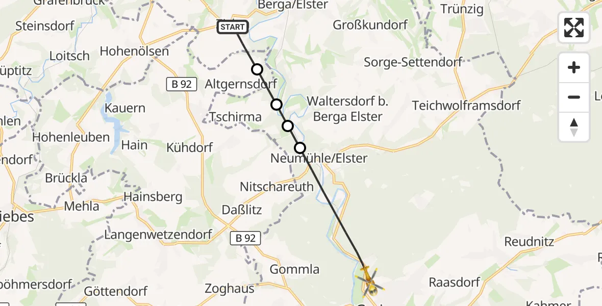Flugroute Rettungshubschrauber Berga-Wünschendorf - Greiz, 17 September 2026, 17:04