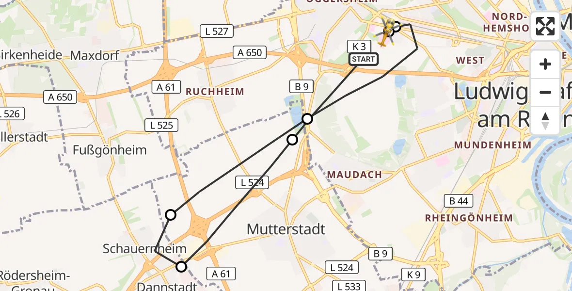 Flugroute Rettungshubschrauber Ludwigshafen am Rhein - Ludwigshafen Accident Hospital, 17 September 2026, 17:08