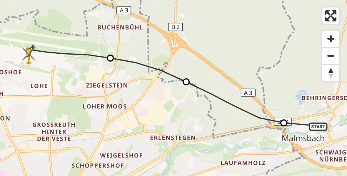 Flugroute Ambulanzhubschrauber Schwaig b.Nürnberg - Flughafen Nuremberg, 17 September 2026, 17:19