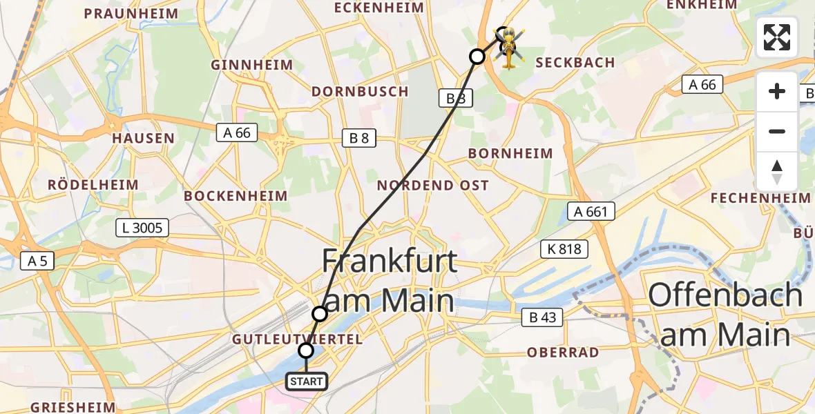 Flugroute Rettungshubschrauber Frankfurt University Hospital - Frankfurt am Main Accident Hospital Roof Helipad (CHX2), 17 September 2026, 17:22